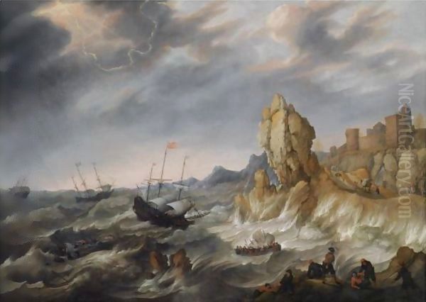 Shipping In A Heavy Storm Along A Rocky Coast - view 1