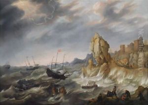 Shipping In A Heavy Storm Along A Rocky Coast thumbnail