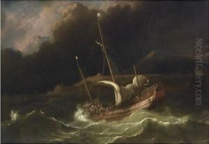 A Flute In A Tempestuous Sea, Near A Strip Of Land by Ludolf Backhuysen