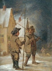 A Winter Scene With Two Chimneysweeps Conversing Before Some Cottages by David The Younger Teniers