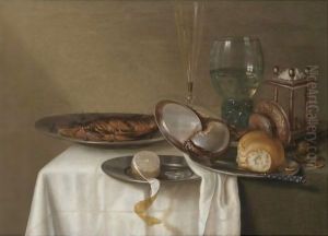 A Still Life With A Half-Peeled Lemon On A Pewter Dish, A Dried Fish With Capers by Maerten Boelema De Stomme