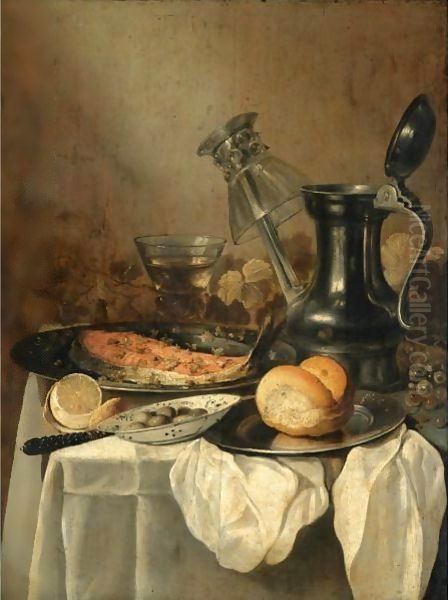 Still Life With A Pewter Flagon And Upturned Wineglass, A Slice Of Salmon - view 1