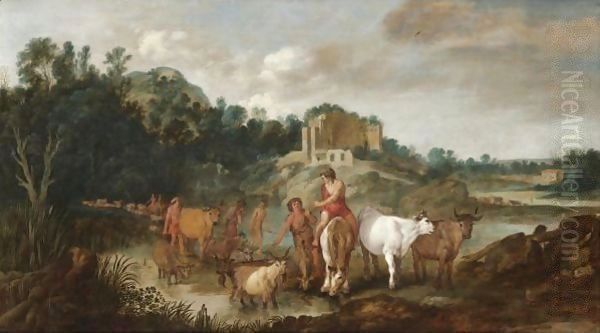 A Landscape With Drovers And Their Animals Fording A River - view 1