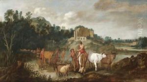 A Landscape With Drovers And Their Animals Fording A River by Moyses or Moses Matheusz. van Uyttenbroeck