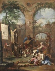 An Architectural Capriccio With A Musician And Peasants Before A Portable Altar With Saint Anthony Of Padua by Alessandro Magnasco