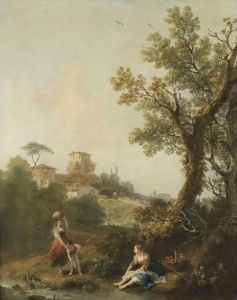 A Wooded River Landscape With A Boy And His Mother Fishing And Another Woman Resting by Francesco Zuccarelli