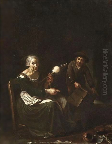 An Interior With An Old Lady Spinning, Together With A Young Boy Carrying A Box - view 1