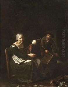 An Interior With An Old Lady Spinning, Together With A Young Boy Carrying A Box by Michiel Sweerts