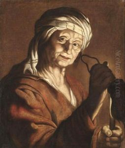 An Old Lady Holding A Candle And An Empty Purse