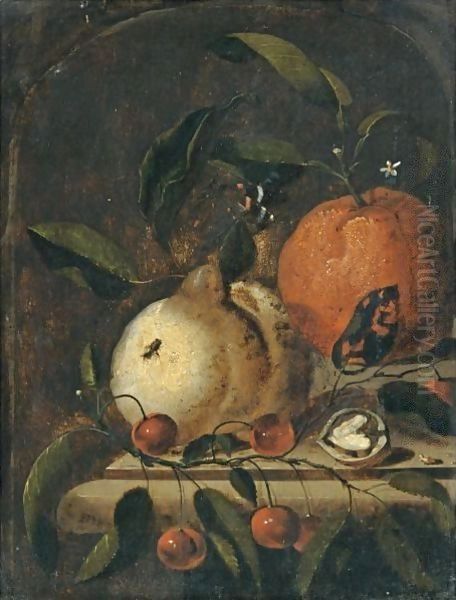 A Still Life With A Lemon, And Orange And A Walnut Together On A Ledge - view 1