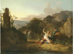 Nymphs Dancing And Playing Music In A Southern Landscape by Jacques-Antoine Vallin