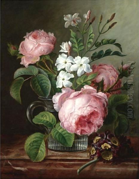 A Still Life With Roses And Narcissi In A Glass Beaker Together With A Sprig Of Primrose On A Marble Ledge - view 1