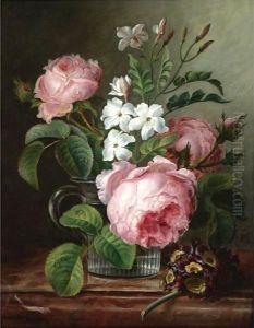 A Still Life With Roses And Narcissi In A Glass Beaker Together With A Sprig Of Primrose On A Marble Ledge by Melanie de Comolera
