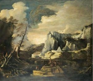 An Extensive River Landscape With Figures Fishing And Playing With A Dog In The Foreground by Salvator Rosa