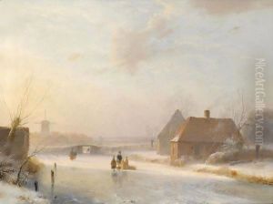 Figures On The Ice At Sunset by Andreas Schelfhout