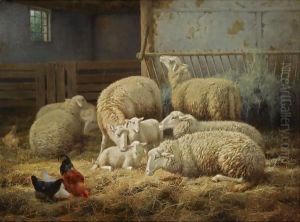 Sheep And Chickens In A Barn by Theo van Sluys