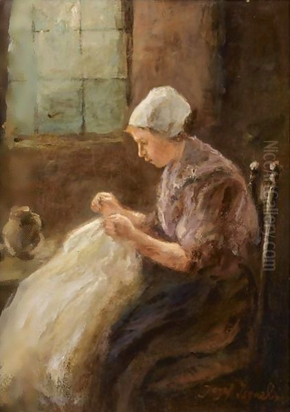 A Woman Doing Needlework - view 1