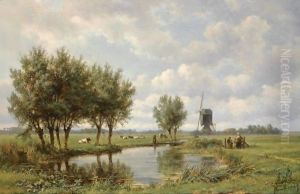 A Peasant Family On A Path Along A Waterway by Jan Willem Van Borselen