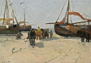 Fisher Folk And Bomschuiten On The Beach by Gerhard Arij Ludwig Morgenstje Munthe