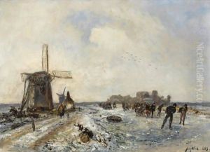 Skaters On A Frozen Waterway by Johan Barthold Jongkind