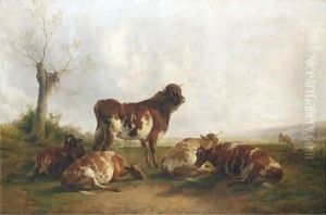 Four Cows And A Bull In The Stour Meadows by Thomas Sidney Cooper