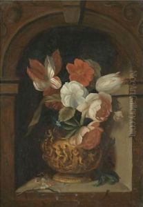 A Still Life Of Tulips, Roses, Morning Glory And Other Flowers In A Sculpted Bronze Vase In A Niche