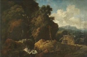 An Extensive Waterfall Landscape With A Saint Praying Before A Cross With All The Signs Of The Passion