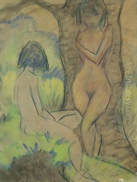 Two Girls, One Of Them Leaning Against A Tree, The Other One Sitting In The Grass - view 1
