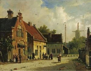 Village Street, Windmill In The Distance by Adrianus Eversen