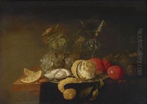 Still Life With A Peeled Lemon, Orange Slices, An Oyster, Plums, Grapes And A Facon-De-Venise Glass Filled by Jan Davidsz. De Heem