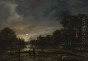 Moonlit River Landscape With Cottages On The Wooded Banks