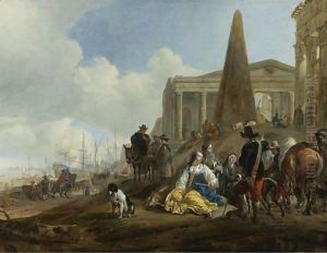 A Mediterranean Harbor Scene With Figures Resting In The Foreground And Antique Ruins Beyond