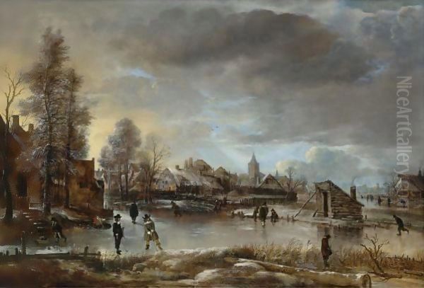 Winter Landscape With Kolf Players And Skaters On A Frozen Canal - view 1
