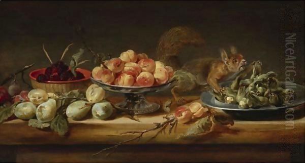 Still Life With Peaches In A Tazza, Hazelnuts On A Pewter Plate, Raspberries In A Basket, With Pears And A Squirrel On A Table - view 1