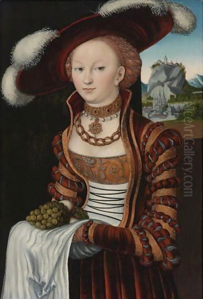 Portrait Of A Young Lady Holding Grapes And Apples - view 1
