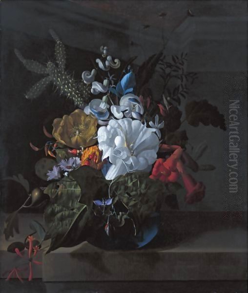 A Still Life With Devil's Trumpet, A Cactus, A Fig Branch, Honeysuckle And Other Flowers In A Blue Glass Vase Resting On A Ledge - view 1