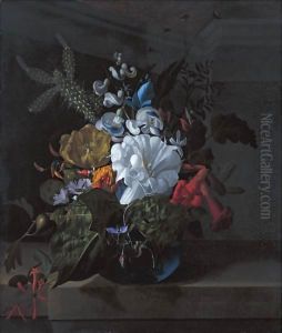 A Still Life With Devil's Trumpet, A Cactus, A Fig Branch, Honeysuckle And Other Flowers In A Blue Glass Vase Resting On A Ledge