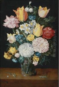 Still Life Of Tulips, Roses, Narcissus, Forget-Me-Nots, A Carnation And Other Flowers In A Glass Vase by Jan The Elder Brueghel
