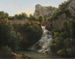 A Landscape With A Waterfall, A Mountain Village At The Edge Of The Cliff