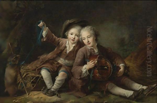 The Children Of The Duc De Bouillon Dressed As Montagnards by Francois-Hubert Drouais
