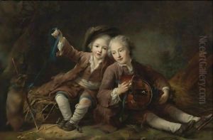 The Children Of The Duc De Bouillon Dressed As Montagnards by Francois-Hubert Drouais