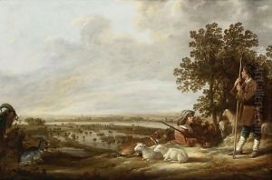 Flooded River Landscape With Two Shepherds And Their Flock Of Sheep And Goats