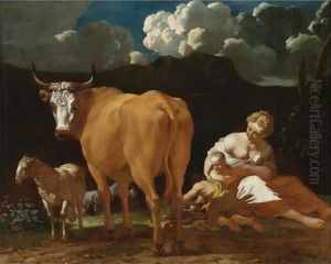 Italianate Landscape With A Woman, Two Children, A Bull, Sheep And A Dog