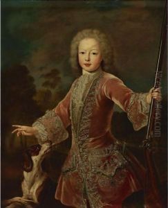 Portrait Of A Young Boy In A Hunting Jacket Holding A Musket by Pierre Gobert