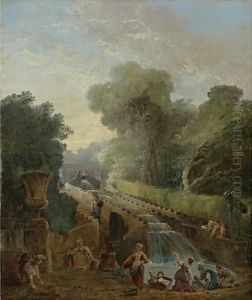 A View Of The Cascade At The Villa D'Este, Rome, With Women Washing Clothes At Its Base by Hubert Robert