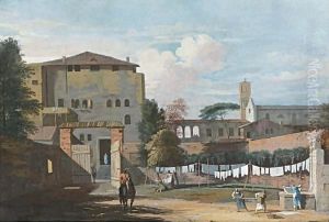View Of An Italian Courtyard, With An Elegant Rider, And Women Hanging Washing By A Fountain