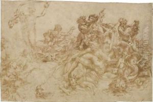 A Sea Nymph With Many Figures And Sea Creatures by Lelio Orsi