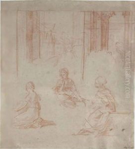 Three Female Figures With Architecture And Landscape Behind by Guido Reni