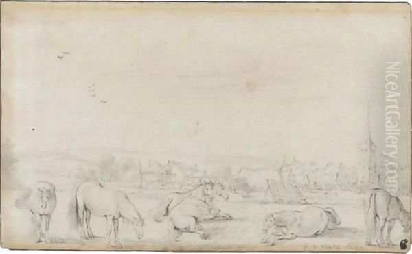 Horses In A Field Before A Town - view 1