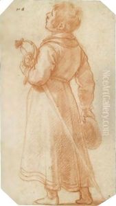 A Young Boy Seen From Behind, Holding A Sword And A Cap by Matteo Rosselli